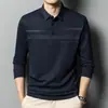 Camisa Polo de Manga Larga de Alta Gama para Hombre Nueva de Otoño Camiseta Moda Casual para Hombre de Mediana Edad Holgada Rayas Solapa Superior