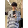 Camiseta de manga larga a rayas retro, estilo coreano, corte relajado, unisex, holgada, top chic y elegante para parejas