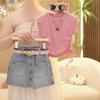 Conjunto de Verão para Meninas 2025 Novo Estilo de Verão Blusa Regata com Manga Flare Infantil Camiseta Saia Jeans Curta Saia Calça Casual Versátil