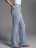 Jeans LL01 Azul Claro Lavado de Doble Botón de Cintura Alta Ligeramente Acampanados para Mujer, Corte Delgado, Alta Elasticidad, Pantalones Acampanados