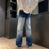 Jeans Masculino Estilo Americano Retrô Tie-Dye Preto Oversized Calças Degradê Tendência High Street Calças de Perna Larga Perna Reta