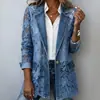 Chaqueta de mezclilla con retazos de encaje estilo europeo y americano para mujer, de manga larga, cuello de solapa, chaqueta casual holgada, nueva ropa transfronteriza para mujer de primavera y otoño