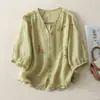 Nova Camisa Bordada Estilo Chinês com Decote V para Mulheres, Lançamento Verão 2026 Retro Soltinha Emagrecedora Elegante Top