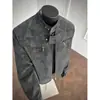 Jaqueta de couro masculina americana estilo vintage de estudante com gola alta, outono tie-dye workwear, jaqueta de gola alta de corte solto, marrom