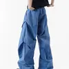 Calça de trabalho azul montanha estilo francês retrô, coleção de outono masculina, com design plissado, tecido de secagem rápida, adequada para caminhada, lazer e esportes.