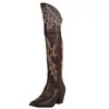 Botas de Cowboy Ocidentais para Mulheres, Botas Longas com Saltos Grossos, Bicos Apontados, Botas de Cavaleiro Bordadas, Tamanho Grande, Botas Acima do Joelho com Zíper Lateral, Botas de Verão
