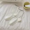 Calcetines de Algodón Puro para Mujer Primavera Verano Lunares Rayas Calcetines de Media Pantorrilla Estilo JK Japonés Calcetines Afelpados Estilo Coreano Encaje Suaves Amigables con la Piel Postparto