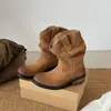 Início do outono de 2026 salto grosso bico redondo petite moderno estiloso europeu e coreano retrô salto médio botas curtas botas slim botas de cowboy