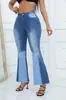 Yuyuan Europeu e Americano Transfronteiriço Amazon Novo Moda Lavado Cintura Alta Calças Flare Bloqueio de Cor Jeans Feminino