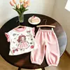 Novo Conjunto de Verão Doce Princesa Desenho Animado para Meninas Camiseta com Estampa Babados Renda Calça Jogger Xadrez
