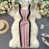 Vestido tirantes a rayas de seda helada, elegante dama estilo coreano, retro Hong Kong con bloques de color, vestido largo hasta la rodilla dulce y picante europeo y americano