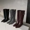 Botas de Caballero de Piel de Vaca Botas con Hebilla de Cinturón para Mujer Invierno Nuevo Estilo Piel Genuina Punta Cuadrada Tacón Bajo Botas Altas hasta la Rodilla Botas Rectas para Mujer Botas Altas