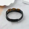 Pulsera Trenzada de Doble Capa con Piedra Ojo de Tigre y Cordón de Piel de Vaca Hebilla Metálica Cabeza de Hebilla Magnética de Acero Inoxidable Pulsera Geometría