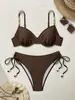 Traje de baño bikini de dos piezas con sujetador push-up, color liso, cierre de tiras, traje de baño de cintura alta, comercio exterior europeo y americano, traje de baño sexy para mujer