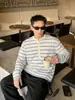 Camiseta de Lino de Manga Larga Rayas de Color Contrastante Lyocell para Hombre, Camisa Polo de Punto Henley de Verano Moderna Holgada con Protección Solar