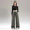 Diseño caqui estilo americano, pantalones vaqueros únicos y elegantes para mujer, de tiro alto, cómodos, corte holgado, adelgazantes y versátiles pantalones de pierna ancha para otoño