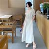 Vestido feminino chique de verão, vintage, simples, cor sólida, cintura elástica, solto, manga bufante, costura longa