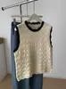 Escote de bloques de color con diseño de corte ondulado, patrón de ganchillo único estilo francés, elegante top de punto sin mangas de cuello redondo para mujer