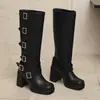 Botas de Couro Femininas de Salto Alto para Outono e Inverno, Bico Quadrado, de Calçar, Cor Sólida, Solado Macio Antiderrapante, Botas de Montaria de Salto Alto de Tamanho Grande Europeias e Americanas