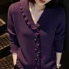 Blusa de Gola V com Mangas Longas e Bordas Franzidas para Mulheres, Versátil para Primavera e Outono, Camisa Básica com Cadarço, Simples e Elegante Blusa de Tricô Franzida Atacado