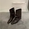 Botas de Pantalón de Piel Suave con Tacón Grueso y Punta Cuadrada 2026 Otoño/Invierno Nuevas Botas Cortas con Hebilla Botines Cortos Adelgazantes Retro
