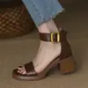 Sandalias retro de una tira estilo británico para mujer, tacón medio, talón cerrado, con cremallera trasera, punta abierta, zapatos de verano de tacón alto con tacones gruesos