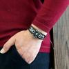 Pulseira de couro bovino trançado com contas multicamadas, estilo europeu e americano, retrô, com decoração de mão para homens
