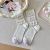 Meias listradas de renda até a panturrilha para mulheres com laços, estilo universitário, meias de seda de vidro vazadas em rede empilhadas para senhoras de verão