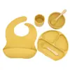 AliExpress Mais Vendido Conjunto de 6 Peças Babador de Bebê Refeição Tigela Redonda Colher Garfo Prato Dielétrico Conjunto de Louça de Silicone Suplementado