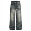 Pantalones vaqueros largos de pierna ancha recta fluidos de estilo retro americano informal transfronterizo con pliegues y orejas de gato, ambiente moderno holgado