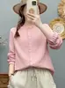 Camisa nueva de manga larga con cuello y botones para mujer, de gasa de algodón, top casual holgado y agradable para la piel, algodón puro 87343
