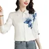 Camisa de Satín para Mujer Primavera Temprana 2026, Manga Larga, Diseño Único, Estilo Chino, Estampado de Tinta Retro, Camisa Blanca Pesada