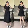 Vestido preto de manga curta com decote V plus size para mulheres, estilo verão, elegante e adequado para o trabalho, esconde a cintura e tem uma saia longa em A
