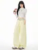 Yechuan # Jeans Color Caqui para Mujer, Verano, Corte Holgado, Pierna Recta Versátil, Cubre Cadera, Versión Estrecha, Pantalones de Pierna Ancha Fluidos, de Largo Completo.