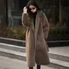 Casaco Longo com Capuz de Pele Sintética de Visão 2025 Outono/Inverno Manga Longa Feminino Cor Lisa Quente com Cadarço Amplo
