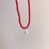 Colar de Pérola em Gota Vermelha Estilo Novo Coreano Moda de Nicho Corrente de Clavícula de Luxo 2025Ins
