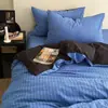 Juego de cuatro piezas de gasa arrugada a rayas azules de alta calidad, estilo A, nuevo, todo algodón, sábana de algodón puro, funda de edredón, juego de tres piezas para dormitorio 4