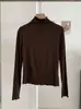 KEKEZOON Camiseta Base Manga Longa Slim Fit Cor Sólida Gola Meio Alta com Babados Ombro Normal para Mulheres 8705