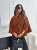 Amazon Transfronterizo Ropa de Mujer Europea y Americana Moda de Invierno Elegante Color Sólido Cintura Ajustable con Lazo Abrigo tipo Capa de Lana