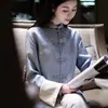 Nueva Camisa Azul Estilo Chino para Mujer 2026 Nuevo Otoño e Invierno Cuello Alto Moda Estilo Chino Estilo Antiguo Top de Manga Larga