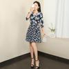 Verano Nueva Llegada Negro Acuarela Floral Estampado Costuras Vestido de Gasa de Una Pieza Cintura Ceñida Tirantes Manga Siete Puntos Vestido Sobre el Cuerpo