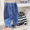 Pantalones vaqueros suaves para niños, pantalones largos estilo occidental con oso bordado para estudiantes, pantalones holgados para bebés que combinan con todo