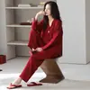 Pijama feminino 100% algodão, conjunto de manga longa e calça longa para primavera e outono, cor bordô, cardigã com gola de lapela, festivo para o ano do zodíaco para mulheres