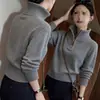 Suéter de Tricô Elegante e Versátil para o Dia a Dia, com Meio Zíper e Gola Alta, Manga Longa para Mulheres, Novo Estilo Outono e Inverno, Suéter Curto Emagrecedor