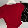 Estilo Americano Retro Puro Deseo Spice Girl Vino Tinto Elegante Blanco Cintura Adelgazante Hombro Caído Manga Corta Mujer Verano Moda
