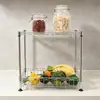 Prateleira de Metal de Dois Níveis Amazon para Uso Doméstico, Mini Organizador de Cozinha, Suporte de Armazenamento Cromado com Cesta de Malha