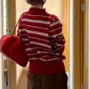 Camisa Polo de Punto Rayas Rojas para Mujer Manga Larga Otoño Temprano 2025 Nuevo Diseño Estilo Coreano Top Tejido
