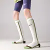 Calcetines de compresión para pantorrilla con diseño de línea color-blocking y degradado para mujer, primavera y verano, calcetines deportivos de compresión de nailon de secado rápido para ciclismo, running y salto
