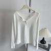 Camiseta de manga larga con cuello redondo grande de rosca, hebilla oculta en el hombro, para mujer, otoño, elástica, ajustada, adelgazante, top base interior, moderno