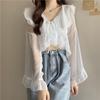 Camisa Cardigan Corta Protectora del Sol de Encaje Fruncido con Mangas de Trompeta Súper de Hada Top Chal Pequeño para Mujer Exterior de Vestido de Verano